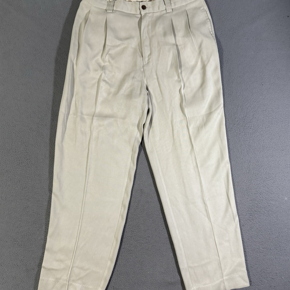 Tommy Bahama Men's 100% Silk Pants 36 x 30 Khaki Beige Pleated Front High Rise